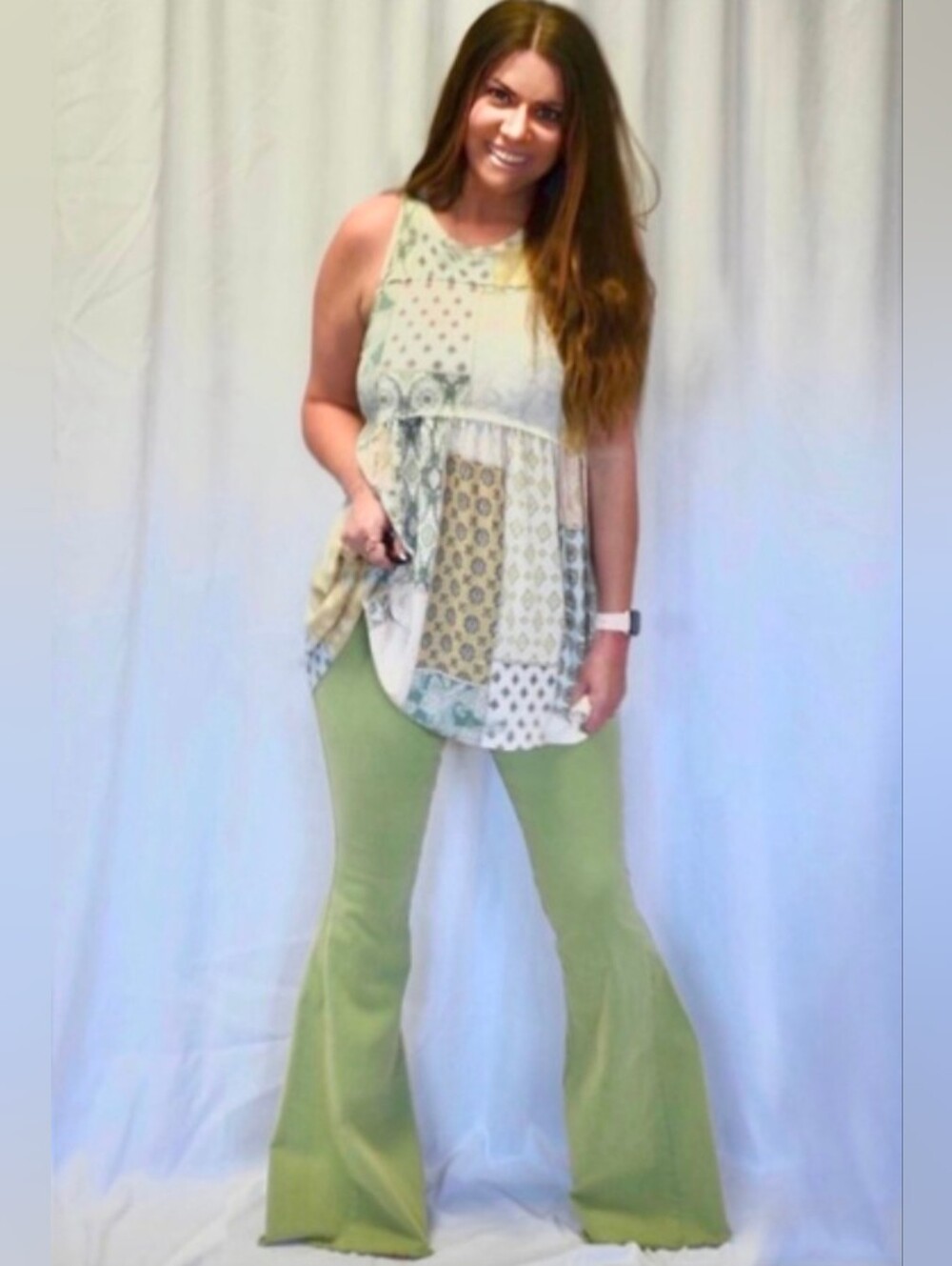 Newbury Kustom •  Pistachio Green Mineral Washed Pull On Bell Bottoms